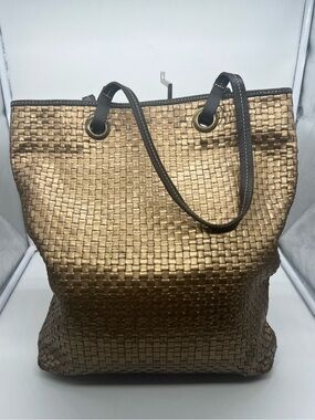 PINEDA COVALIN Made in Spain Bronze Metallic Woven Goat Leather Flat Tote Hobo
